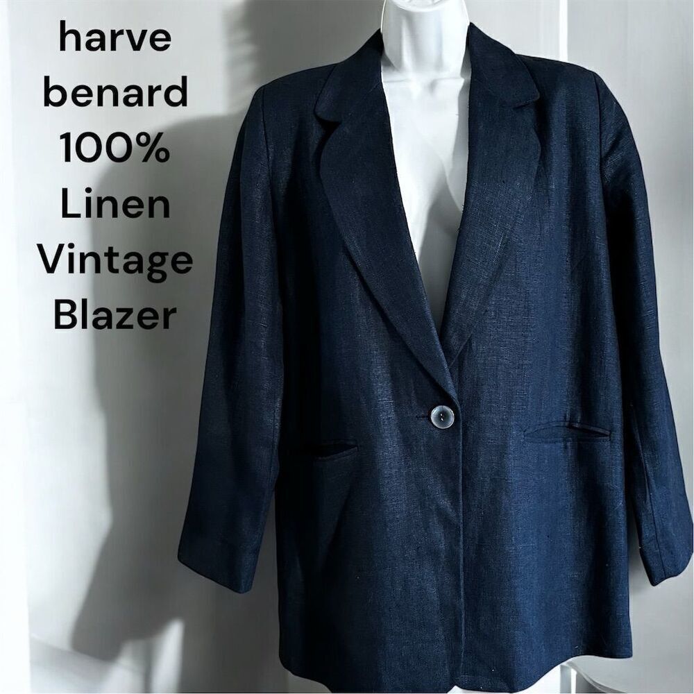 Harvé Benard Classic Vintage Black 100% Linen Single-Button Blazer